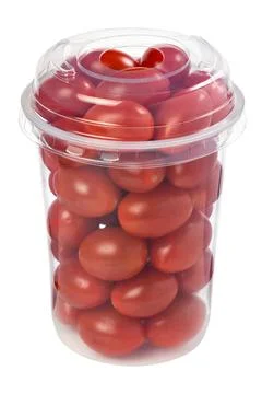 Cherry tomatoes in plastic cup isolated on white Stock Photos