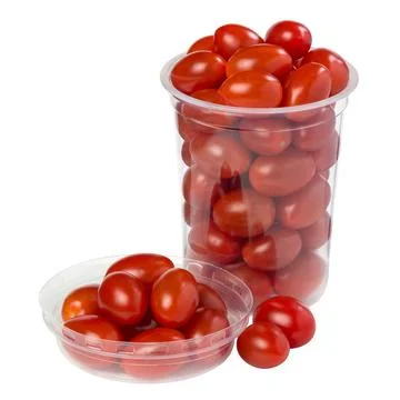 Cherry tomatoes in plastic cup isolated on white Stock Photos