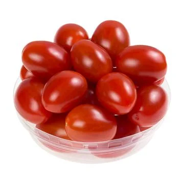 Cherry tomatoes in plastic lid isolated on white Stock Photos