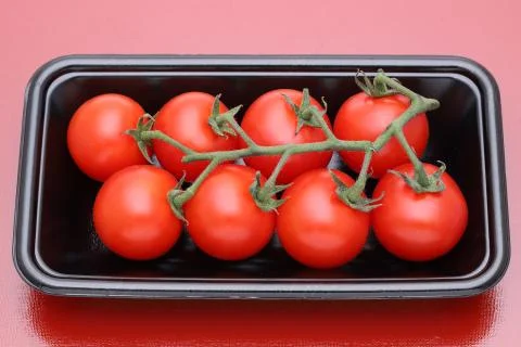 Cherry tomatoes in a plastic pack Stock Photos