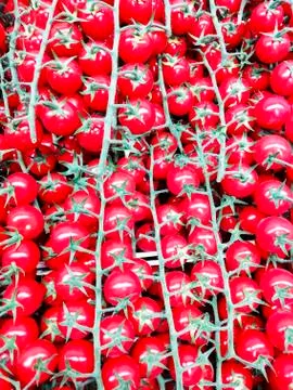 Cherry tomatoes red surface on a trading counter. Foto stock