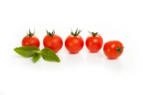 Cherry tomatoes in a row on a white background Stock Photos