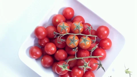 Cherry tomatoes on a white background seen from above with a rotating view Stock Footage 92447295