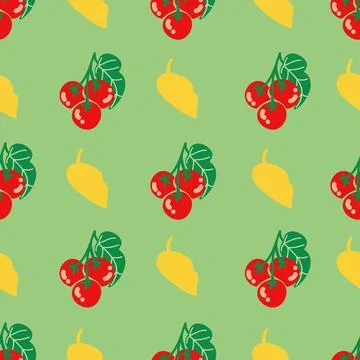 Cherry tomatos repeat pattern on green background Stock Illustration