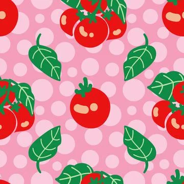 Cherry tomatos repeat pattern on pink background with circles Stock Illustration