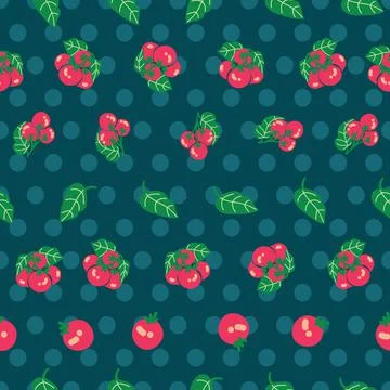Cherry tomatos seamless pattern on turquoise background with polka dots Illustrazione stock