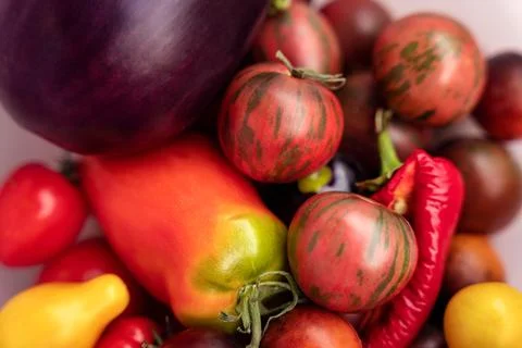 Cherry tomatos various types, pepper and eggplant vegetables Stock Photos