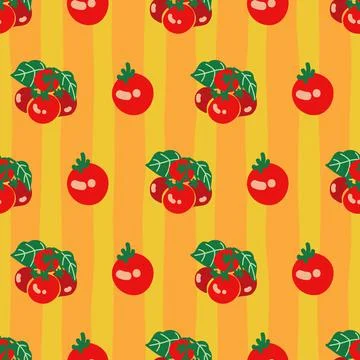 Cherry tomatos vector seamless pattern on orange stripes 스톡 일러스트