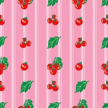 Cherry tomatos vector seamless pattern design on pink stripes Stock Illustration