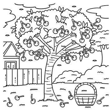 Cherry Tree Fruit Plant Coloring Page for Kids Stock Illustration
