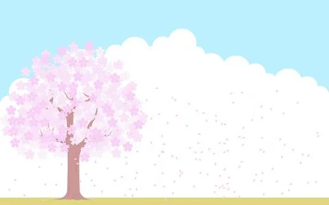 Cherry tree in full bloom and snowstorm, blue sky and cloud background, Stock Illustration