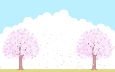 Cherry tree in full bloom and snowstorm, blue sky and cloud background, Stock Illustration