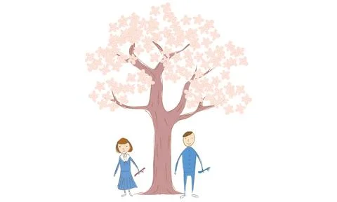 Cherry tree in full bloom and male and female students Stock Illustration