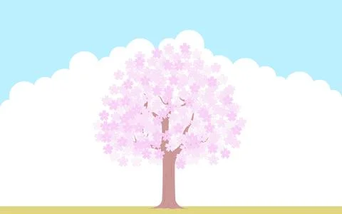 Cherry tree in full bloom, blue sky and cloud background, illustration material Stock Illustration
