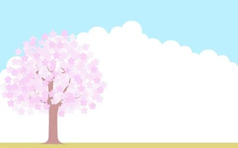 Cherry tree in full bloom, blue sky and cloud background, illustration material Stock Illustration