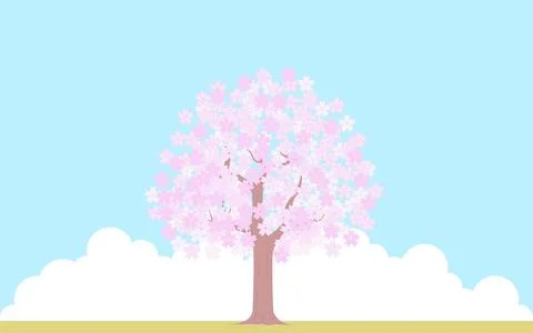 Cherry tree in full bloom, blue sky and cloud background, illustration material Stock Illustration