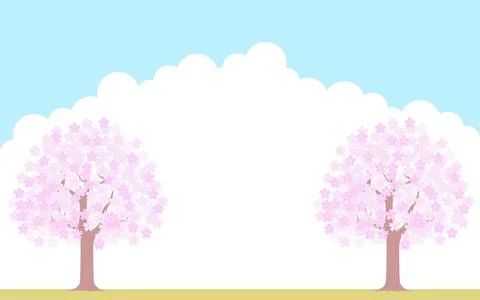 Cherry tree in full bloom, blue sky and cloud background, illustration material Stock Illustration
