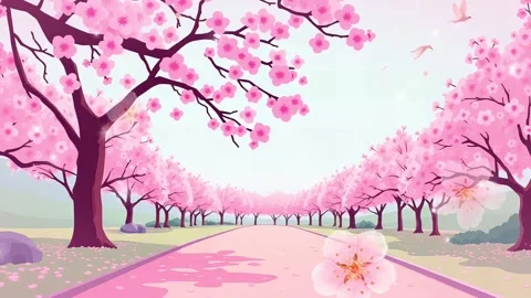 Cherry Tree-Lined Path: Springtime Animated Landscape, Bloom Stock Footage 306826365