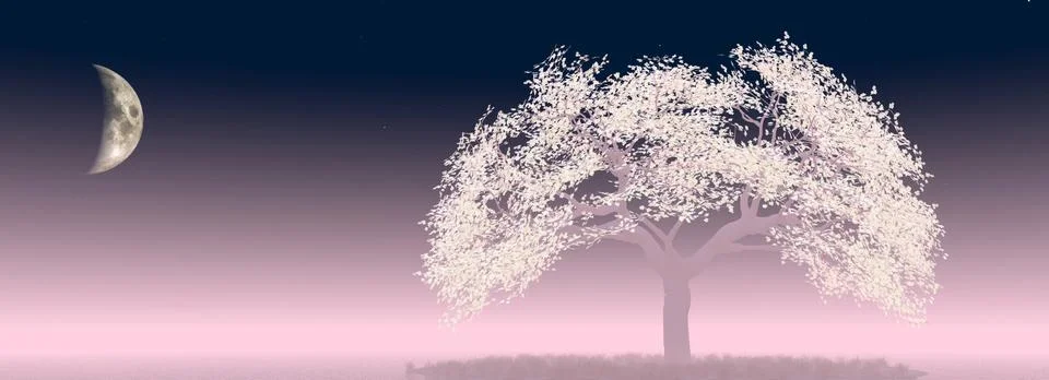 Cherry tree with moon Stock Illustration