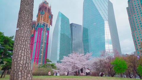 Cherry trees with young people in front of business building Stockbeeldmateriaal 106612390