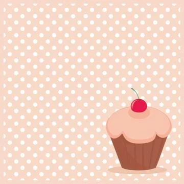 Cherry vector cupcake on white polka dots pink background Stock Illustration