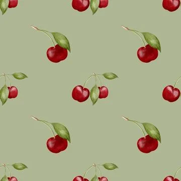 Cherry watercolor pattern for textile and packaging design in soft green ba.. Stock Photos