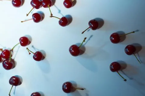 Cherry on a white background with blue highlights and shadows. Close-up. Top  Stock Photos