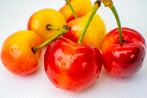 Cherry on a white background. Red and yellow berry closeup macro. Blurred Foto stock