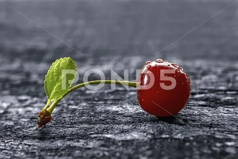 Cherry on wooden table with water drops Stock Photos