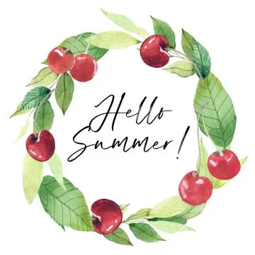 Cherry wreath isolated on white background. Red ripe berries and green leaves Stock Illustration