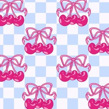 Cherry y2k pattern with pink glossy berries Stock Illustration