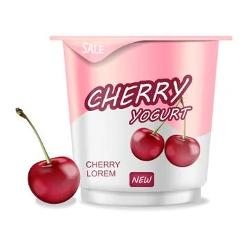 Cherry yogurt isolated Vector realistic. Detailed 3d plastic container illust Stock Illustration