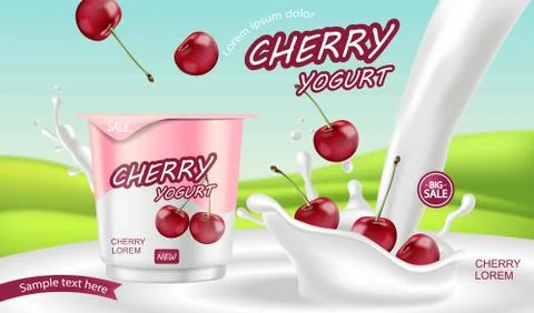 Cherry yogurt Vector realistic. Product placement mock up. Label design. Milk Stock Illustration