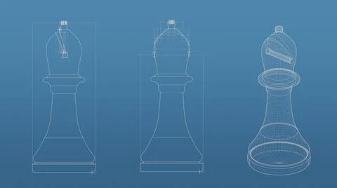 Chess 3d blueprint mesh model  on a blue background. Front view orthographic  Stock Illustration