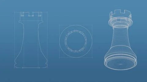 Chess 3d blueprint mesh model  on a blue background. Front view orthographic  Stock Illustration