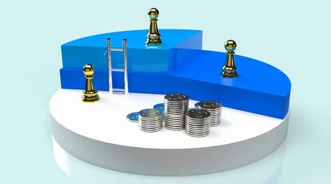 Chess and coins on pie chart for business concept 3d rendering. Stock Illustration