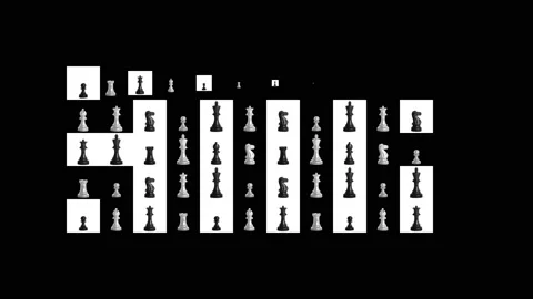 Chess. Assembling in rows of canvas from chess pieces. Black and white cells 스톡 동영상 158899063