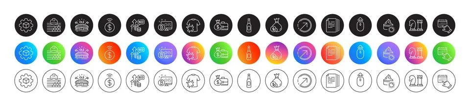 Chess, Bitcoin system and Copy documents line icons. For web app, printing Stock Illustration