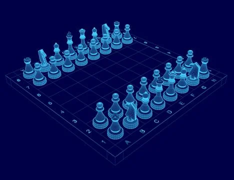 Chess board with a blue background and a blue chess set. The chess pieces are Illustrazione stock