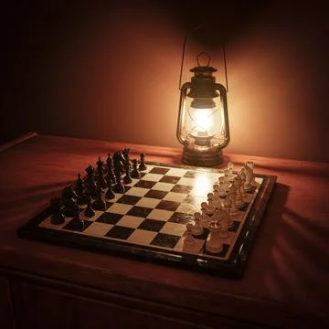 a compass on a map with chess pieces in the background and a light