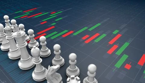 Chess on candle stick graph, planning buy sell on stock market Illustrazione stock