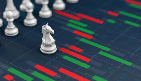 Chess on candle stick graph, planning buy sell on stock market Illustrazione stock