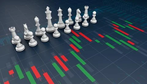 Chess on candle stick graph, planning buy sell on stock market Illustrazione stock