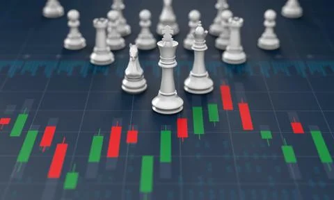 Chess on candle stick graph, planning buy sell on stock market Illustrazione stock