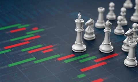 Chess on candle stick graph, planning buy sell on stock market Illustrazione stock