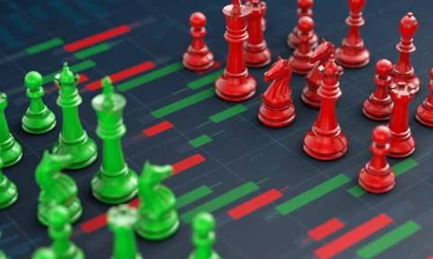 Chess on candle stick graph, planning buy sell on stock market Illustrazione stock