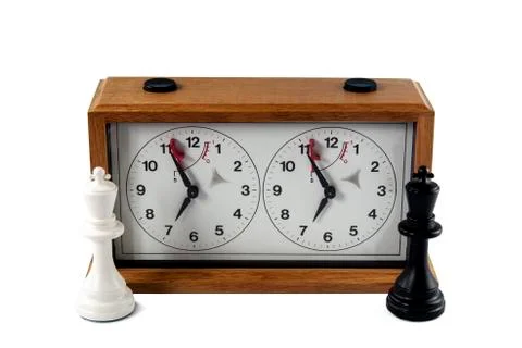 Chess clock isolated on white background, , black and white king standing in  Stock Photos