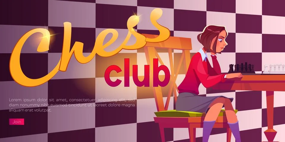 Chess club poster with girl playing chess Stock Illustration