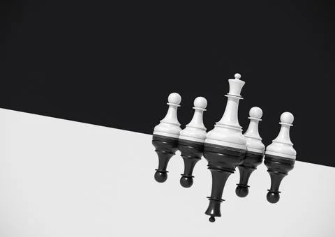Chess concept, white queen and pawns vs black queen and pawns 3d render Stock Illustration