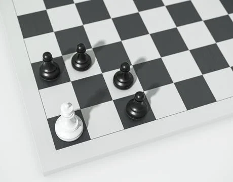 Chess concept, white queen vs black pawns. Queen and pawns on a chessboard Stock Illustration